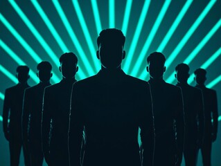 Poster - Silhouettes of multiple figures against a vibrant backdrop, creating a striking visual effect with rays of light.