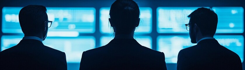 Poster - Silhouettes of professionals observing digital screens in a modern office environment, showcasing teamwork and technology.