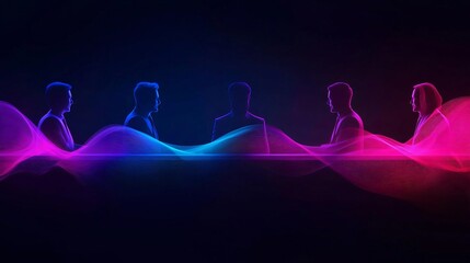 Poster - Abstract composition featuring silhouettes and waveforms in vibrant blue and pink colors, symbolizing communication and connection.