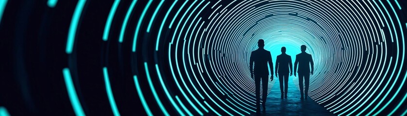 Poster - Mysterious figures explore a futuristic tunnel illuminated by vibrant blue lights, creating an atmosphere of intrigue and adventure.