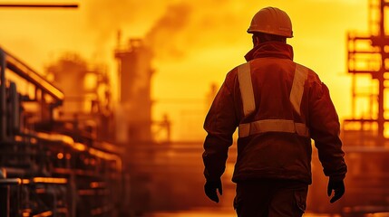 A male worker in safety gear walks through an industrial site at sunset.