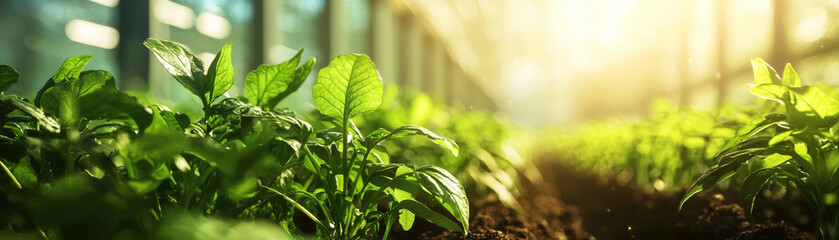 Wall Mural - Lush green plants growing in greenhouse with sunlight filtering through. vibrant leaves and rich soil create serene atmosphere of growth and vitality