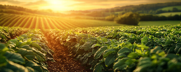 Wall Mural - Lush green potato fields basking in golden sunlight during sunset, showcasing rows of healthy plants and serene landscape