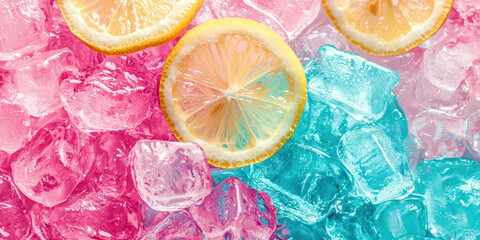 Wall Mural - A colorful image of ice cubes and a lemon slice