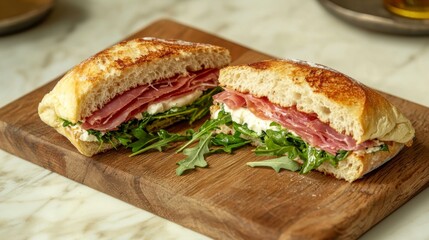 Italian panini sandwich with prosciutto, mozzarella, and arugula, cut in half and served on a wooden board