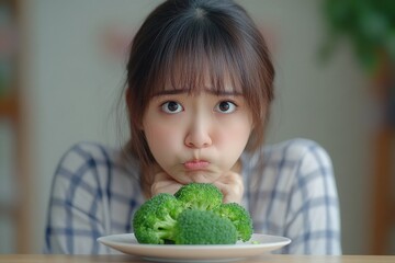 unhappy asian women is on dieting time looking at broccoli on the fork. girl do not want to eat vegetables and dislike taste of broccoli, Generative AI