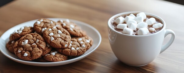 A cozy arrangement of cookies and hot chocolate topped with marshmallows on a wooden table.