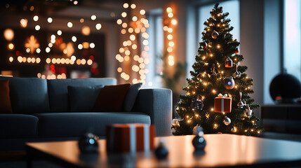 In a cozy living room, a Christmas tree shines brightly, surrounded by colorful presents and tiny robots, combining the festive magic of the holidays with a futuristic touch.