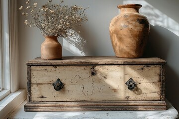 Wall Mural - Antique Wooden Chest with Vases and Dried Flowers