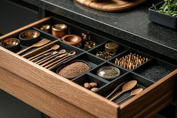 Wall Mural - Wooden Drawer with Organized Kitchen Utensils, Spices, and Grains