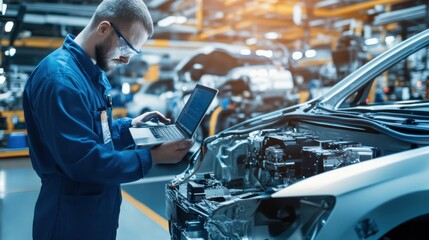 Automotive plant with engineers managing production lines via laptops