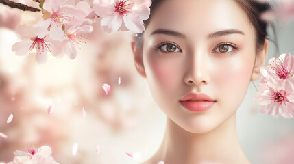 Aufkleber - 美肌の若くて可愛いアジア人女性の美容ポートレート。ピンク色の綺麗な桜に囲まれたビューティーショット。