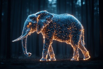Poster - A holographic elephant moves elegantly, its form defined by a bright, glowing network of points and lines, set in a dark wooded environment that emphasizes its radiance.