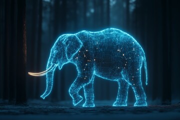 Poster - The image depicts a neon elephant walking through a digital forest, its body outlined and illuminated by glowing network-like lines and points, creating an ethereal atmosphere.