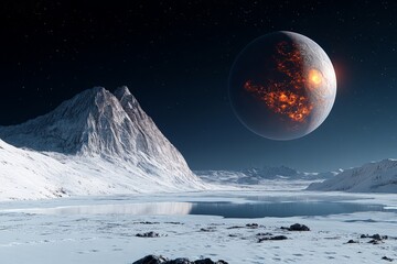 A mesmerizing vision of a volcanic planet casting a warm glow on an icy terrain, highlighting the stark yet beautiful contrast under a calm, infinite starlit sky.