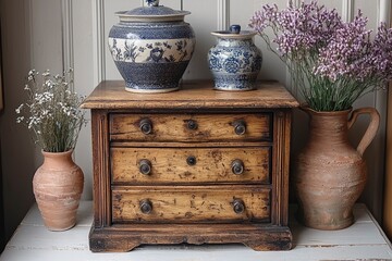 Wall Mural - Antique Wooden Chest of Drawers with Ornate Vases and Flowers