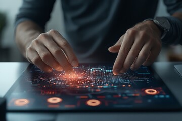 Poster - Hands engaging with high-tech, interactive digital interface simulating immersive virtual environments with glowing, complex data patterns visually represented.