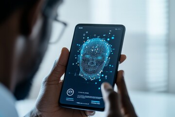 Poster - A detailed holographic display of facial recognition on a smartphone screen indicates the advanced technology used for personal security and digital privacy.