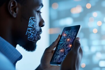 Poster - A man uses a smartphone with facial recognition technology, highlighting security and innovation in digital identity verification and safety applications.