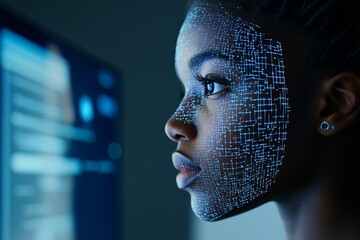 Poster - A focused woman uses facial recognition technology on a screen, symbolizing the fusion of human interaction with digital security and cutting-edge innovation.