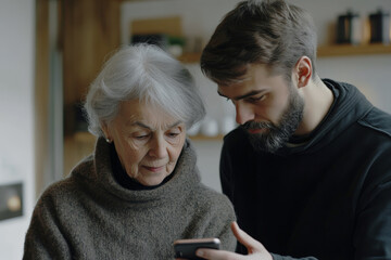 Grandson helping grandmother navigate smartphone touchscreen, showcasing generational technology learning concept