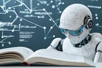 Poster - A futuristic robot, wearing glasses, reads an open book while surrounded by digital schematics, illustrating an intersection of technology and learning.