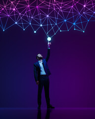 Businessman reaching upwards, analyzing digital network of data points. Represents networking, connection, and information technology. Concept of information, connection, network, business, futurism.