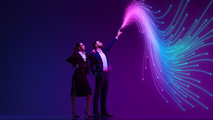 Businesswoman and man observe flowing wave of digital data against gradient vibrant background. Digital flow. Concept of information, connection, network, business, modern technology. ad