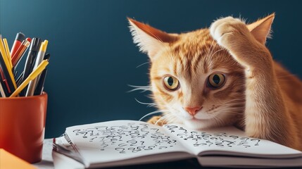 Cat is sitting on a desk with a book open in front of it