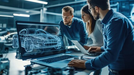 Wall Mural - Team of automotive engineers using computers and laptops for vehicle