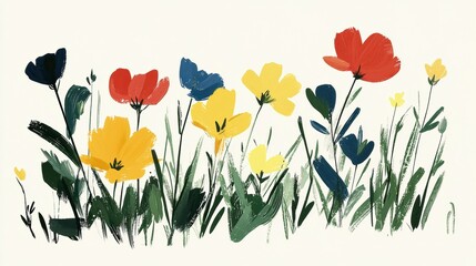 Poster - Vibrant illustration of a meadow filled with colorful flowers swaying in the breeze, perfect for nature-themed projects and designs.
