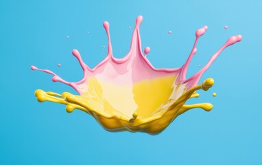 Poster - Vibrant splash of pink and yellow paint against a blue background, capturing the dynamic movement and energy of color in a creative image.