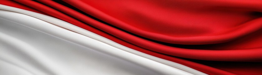 Poster - A close-up of silky red and white fabric, creating a smooth flow that symbolizes elegance and beauty, perfect for background or textile designs.