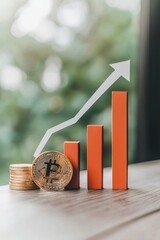 Poster - a growing financial trend depicted with rising bars and a bitcoin coin, symbolizing investment and c