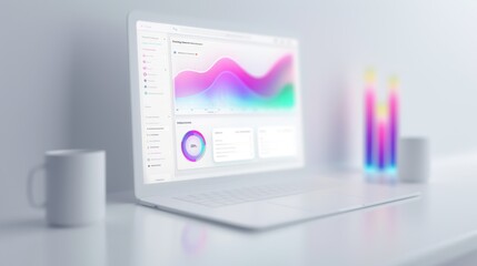 A sleek, modern workspace featuring a laptop displaying colorful data visualizations, accompanied by two vibrant candles and white mugs.