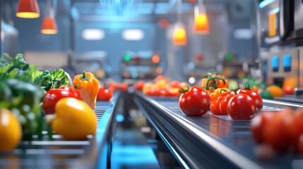 Poster - A clean and efficient food processing plant scene with a conveyor belt transporting fresh produce, highlighting the importance of precision and reliability in the food industry