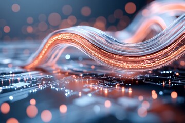Poster - A vibrant orange wave brilliantly streams over complex circuit lines in futuristic style art, mixing technology with vivid movement and creative curiosity.
