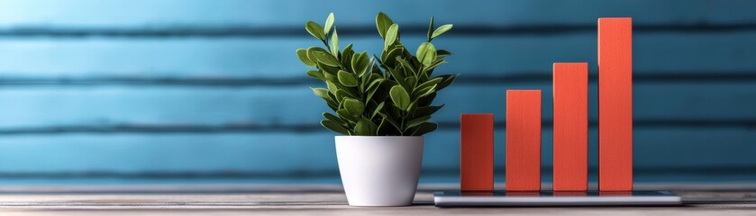 Poster - Modern office space featuring a plant and a bar chart symbolizing growth and productivity on a wooden desk against a blue background.