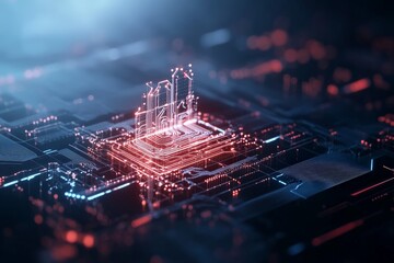 Poster - An advanced digital circuit board with glowing holographic elements in neon hues, representing cutting-edge technology and innovation in the cyber age.