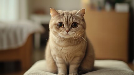 A sad Scottish Fold cat sits on a plush ottoman displaying a thoughtful expression against a blurred backdrop