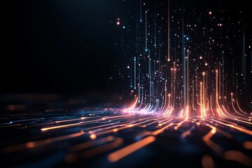 Poster - A futuristic depiction of digital currents in vibrant orange, flowing smoothly through a dark space, symbolizing innovation and the flow of information.