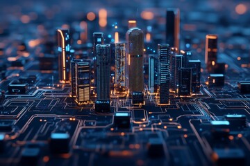 Poster - A dynamic, futuristic cityscape filled with skyscrapers and luminous circuit patterns, representing modern technology and urban advancement at night.