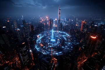 Poster - A stunning digital city in a cyberpunk style, featuring an illuminated blue central tower surrounded by skyscrapers, encapsulating futuristic urban environments.