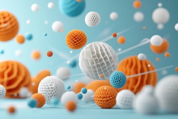 Poster - Textured orange, blue, and white spheres float in a dynamic abstract layout, representing motion, innovation, and creativity in a contemporary artistic style.