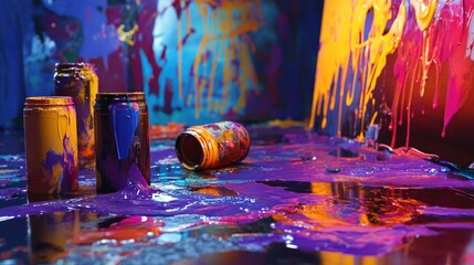 Poster - Abstract art creation featuring spilled paint in a creative studio environment