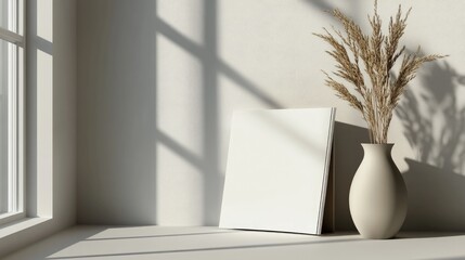 Poster - A modern minimalist brochure mockup is positioned upright on a simple surface softly lit by natural light perfect for showcasing design projects