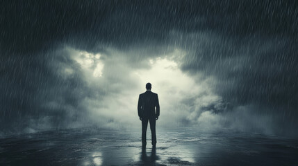 A man stands alone in the rain, looking up at the sky