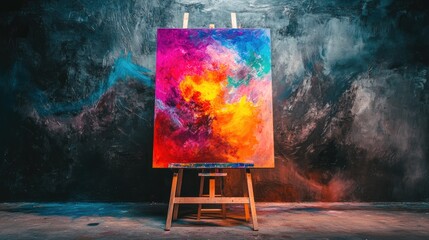 Poster - abstract multicolored painting leaning against a ladder in a vacant space devoid of human presence