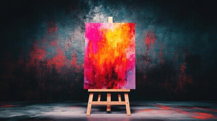 Poster - abstract multicolored painting leaning against a ladder in a vacant space devoid of human presence