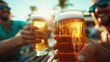 © JoxyAimages - Sunlit close-up of frosty beer glasses clinking together outdoor as several people celebrate, capturing the golden glow and refreshing nature of the moment shared.